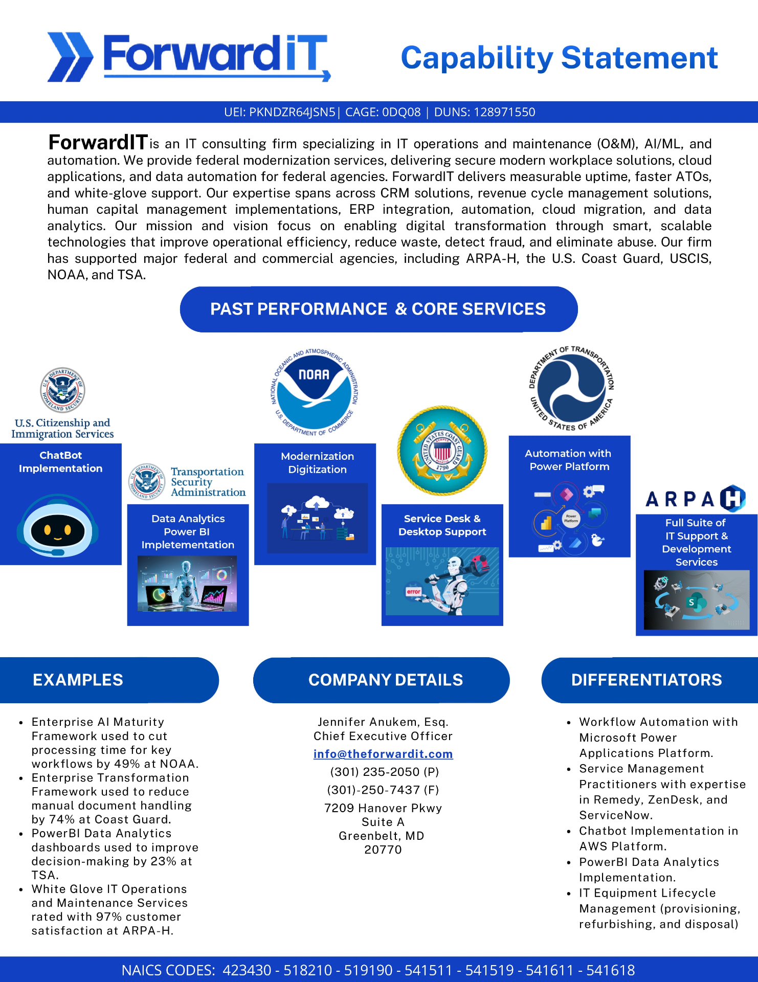 ForwardIT capability statement — UEI, CAGE, DUNS, NAICS codes, past performance, company details, and differentiators